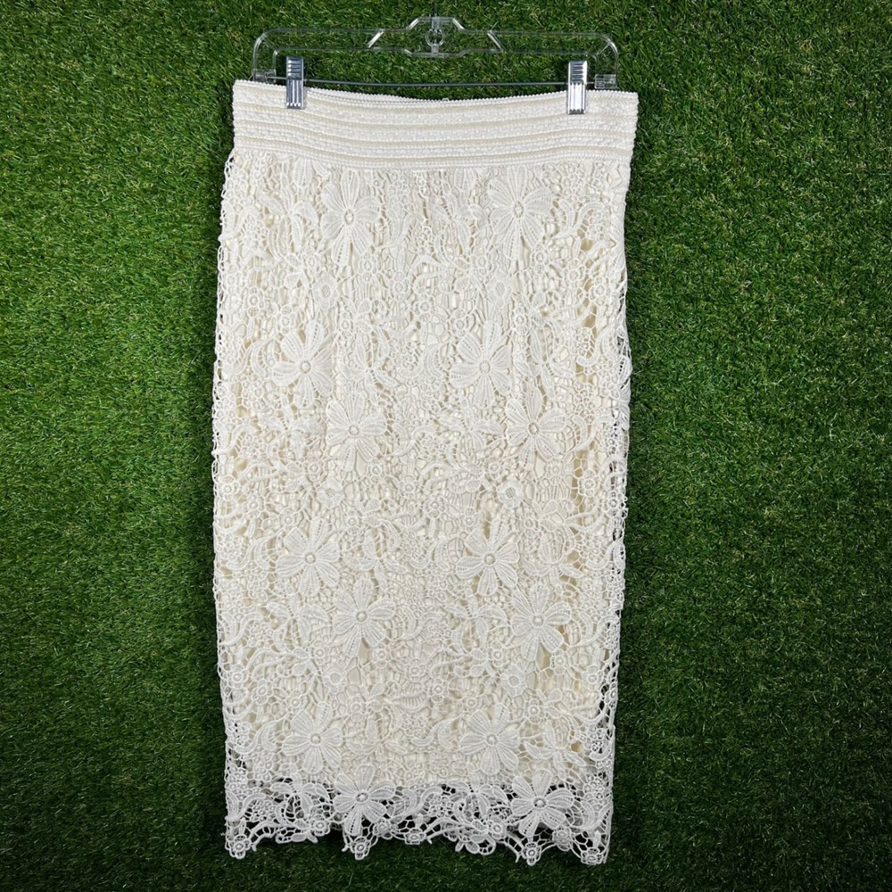 Lara Fashion Cream Floral Lace Midi Skirt Scalloped Hem Elastic Waist‎ Size L